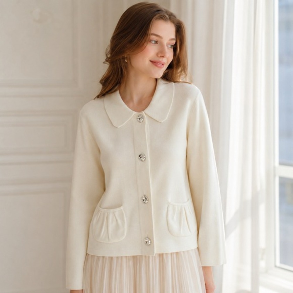 Yarns & Stitches Cream Cardigan Sweater Faux Crystal Buttons Peter‎ Pan Collar M